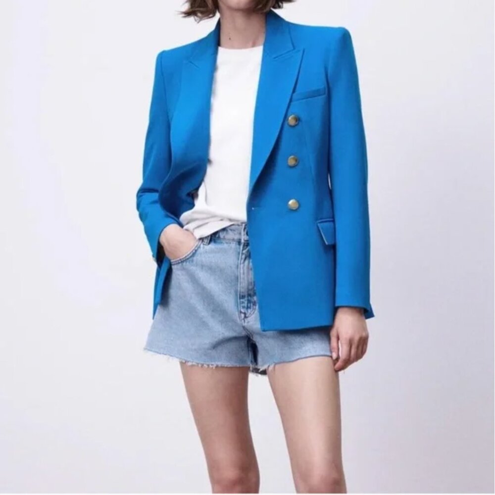 Zara Blue Double-Breasted Gold-Button Blazer Professional Old Money Size XL - Picture 2 of 8